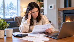 Woman reviewing a high heating bill at home during winter in Carl Junction, MO, with a calculator, laptop, and fireplace.
